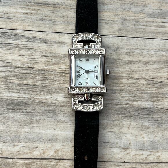 Vintage Silver Tank Watch Rhinestone Bezel Mother of Pearl Face Black Strap main image 5